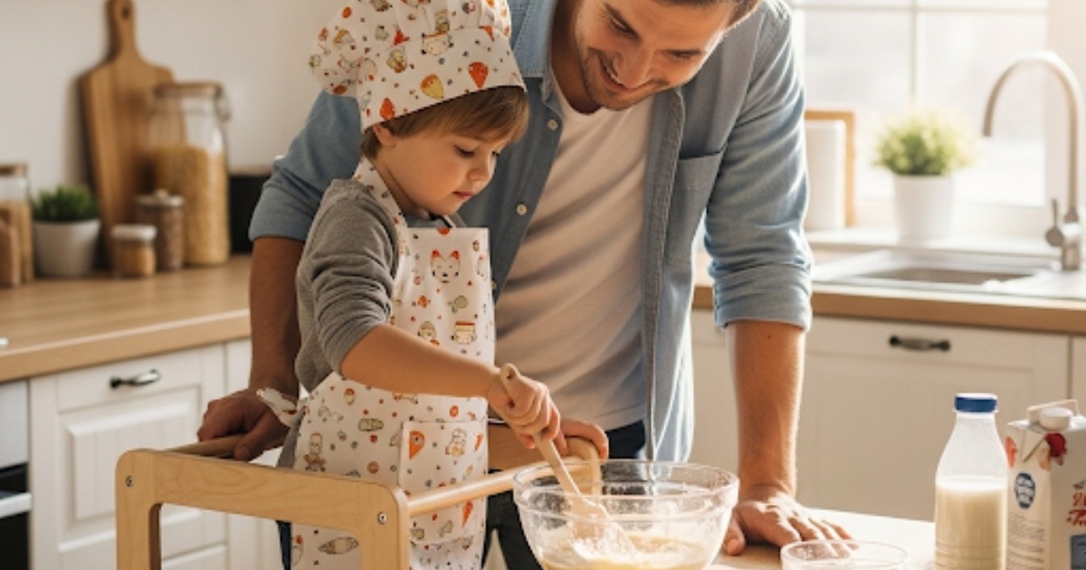 A parent supervises a child practicing safe cooking practices on a counter with a child safety stool