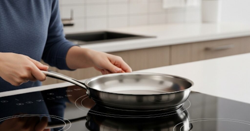 A person following stovetop safety rules by carefully placing a pan on a clean stovetop.