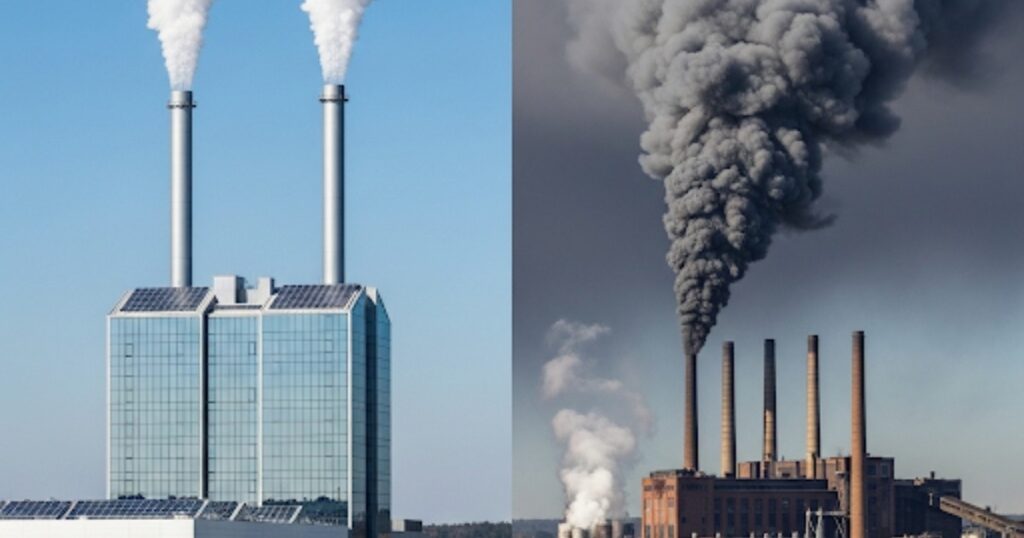 A factory using modern pollution control technology, emitting clean steam, stands in contrast to an older factory releasing thick, dark smoke, showing the difference in industrial emissions