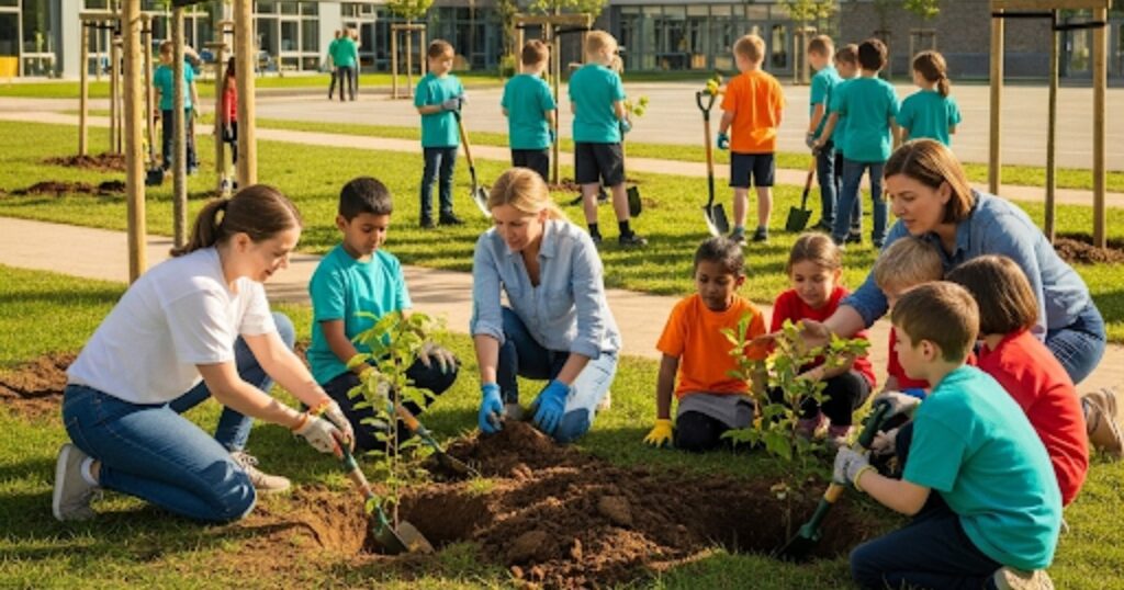 A group of students and teachers working together to plant young trees in a schoolyard, symbolizing environmental education and community action.