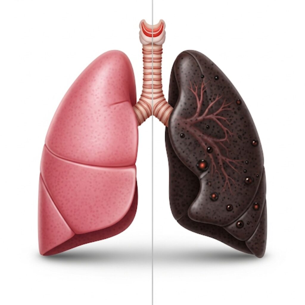 A side-by-side comparison of a clean, pink lung and a dark, damaged lung, illustrating the health impacts of air pollution.
