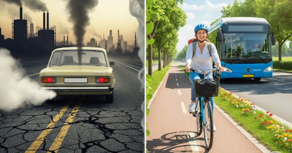 A visual representation comparing the pollution from a car to the clean travel of a bicycle and a public bus, highlighting eco-friendly transportation.