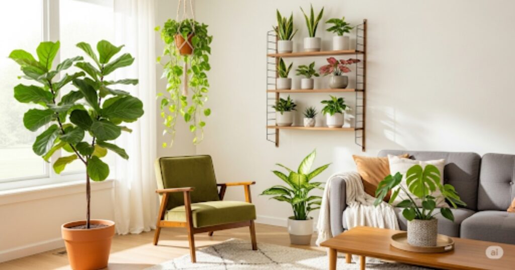 A stylish living room showcasing various ways to decorate with plants, including floor plants, hanging plants, and plants on shelves.