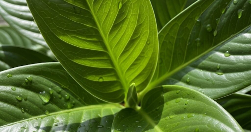 A close-up shot of vibrant green leaves of a healthy indoor plant, highlighting its natural texture and color.