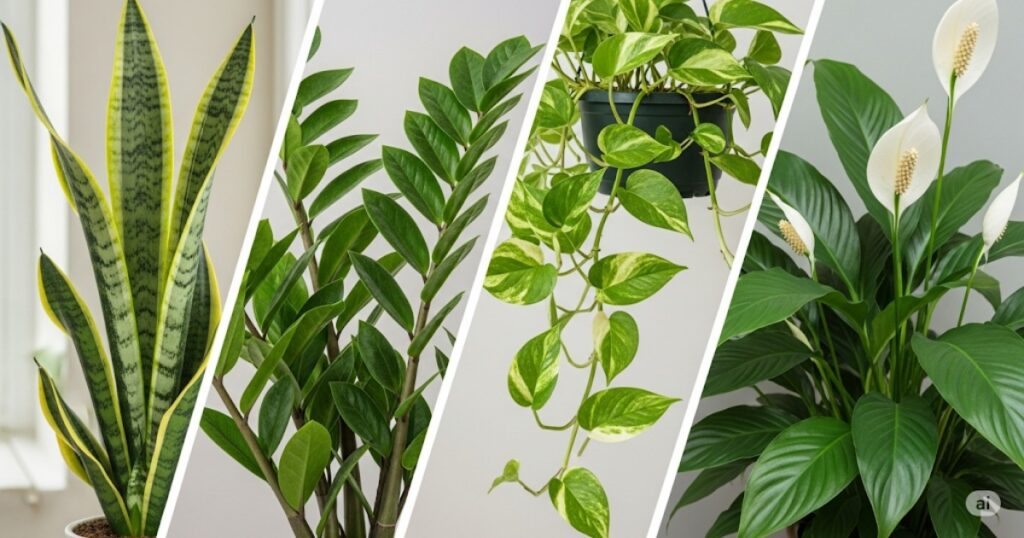 A collage of different types of popular indoor natural plants, such as Snake Plant, ZZ Plant, Pothos, and Peace Lily, showcasing their diverse foliage