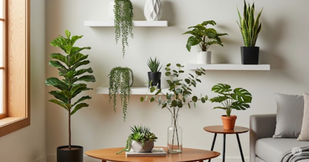 A collection of high-quality, realistic-looking artificial plants in stylish pots, displayed on shelves and tables in a modern living room