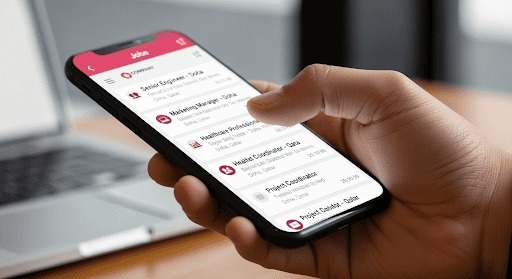 A person's hand holding a smartphone, scrolling through a job search application with Qatar-specific job listings on the screen.
