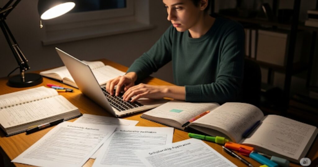 A person sits at a desk, typing on a laptop with a focused expression, surrounded by notebooks and application forms for scholarships.