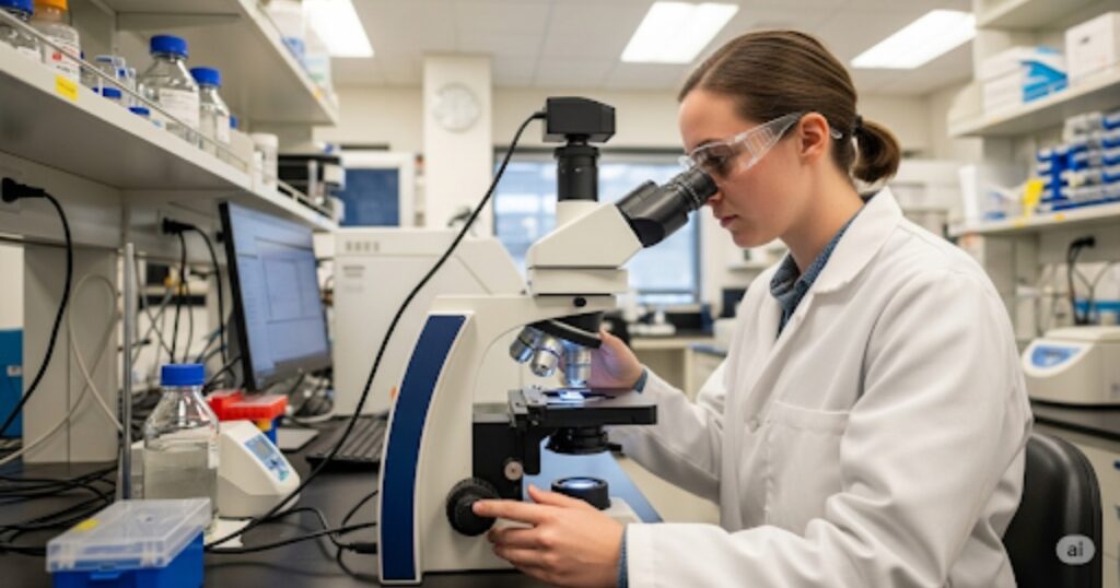 A graduate student wearing a lab coat and safety glasses, examining a sample under a microscope in a clean, modern laboratory.