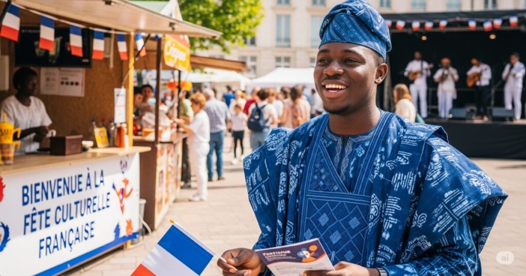 A Nigerian student at a French cultural festival, wearing traditional Nigerian attire and smiling warmly.