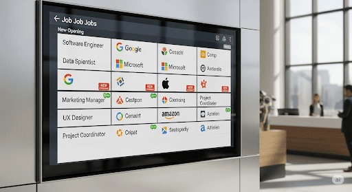 A digital job board display showing different job titles and company logos in a modern office building.