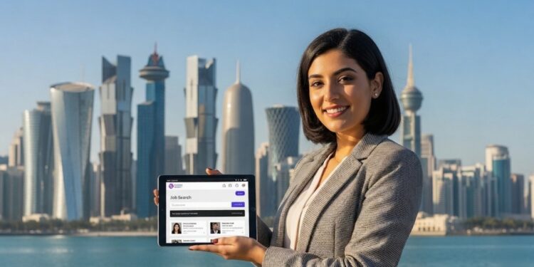 A professional-looking young woman smiling confidently, holding a tablet showing a job search website, with the Doha skyline in the background. The text "Urgent Job Vacancy in Qatar Today Without Experience for Female" is written on the image.